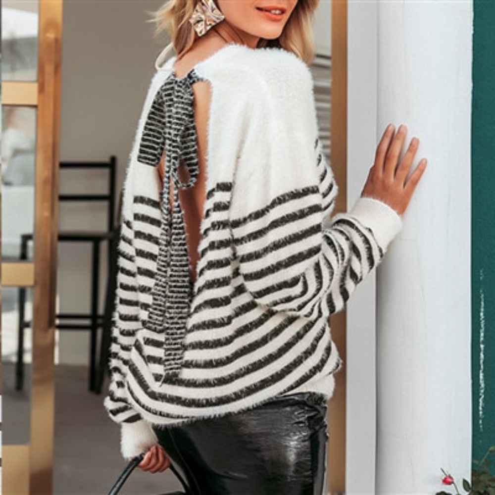Open Back Fuzzy Striped White & Black Sweater - Picture 6 of 15